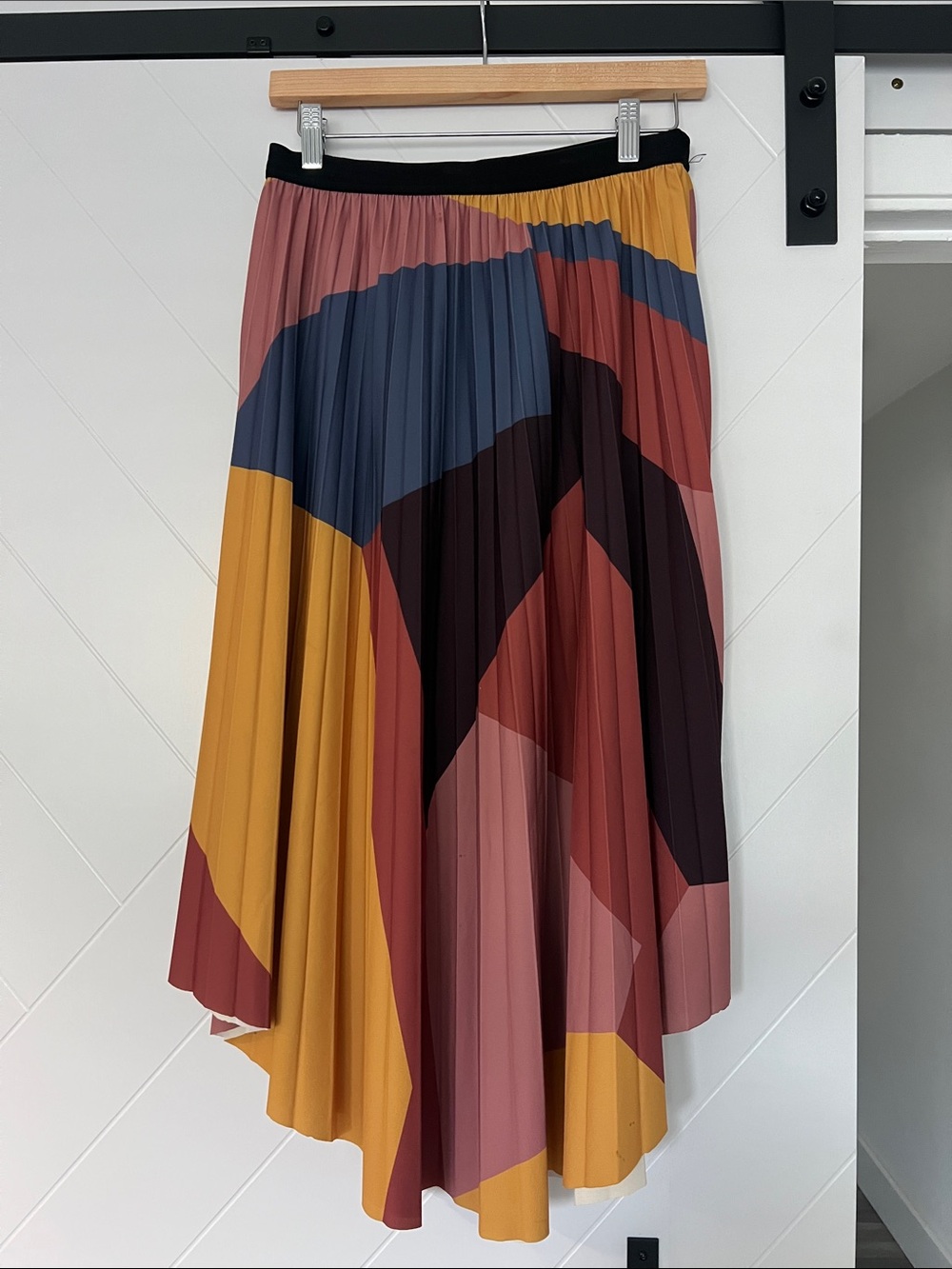 Asymmetrical Pleated Colorblock Skirt in Mustard, Mauve & Navy